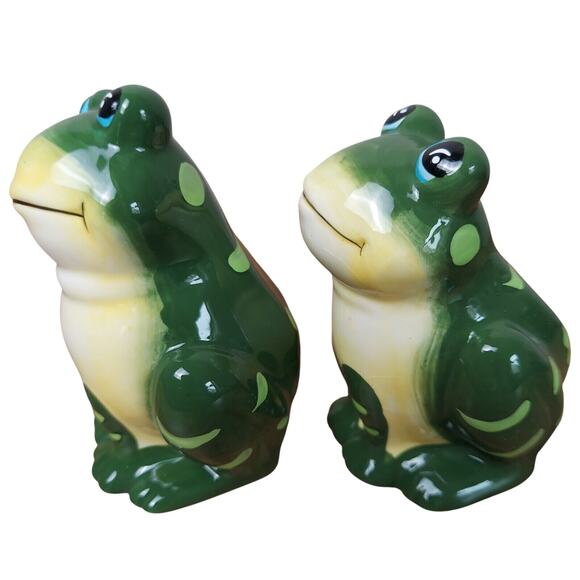 Frog Salt & Pepper Shakers Toad Ceramic Green Yellow White NEW - Picture 3 of 9